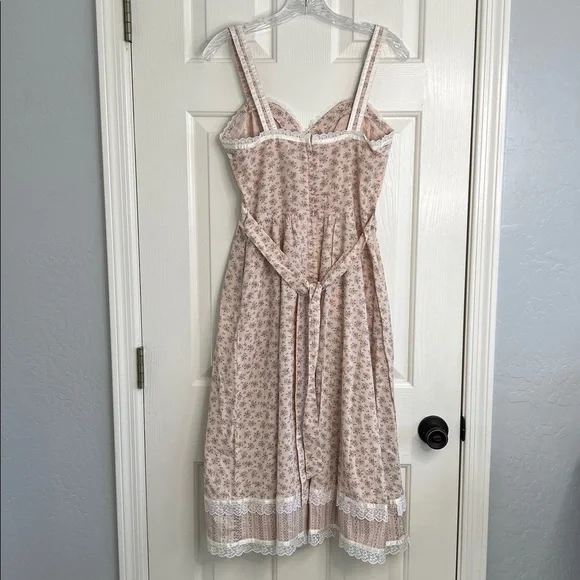 Vintage Gunne Sax lace up sweetheart pink ditzy floral midi dress ribbons & lace - Picture 2 of 10